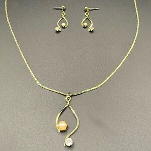 Elegant Gold Tone Necklace and Earring Set - with Faux Pearl/Rhinestone Accents